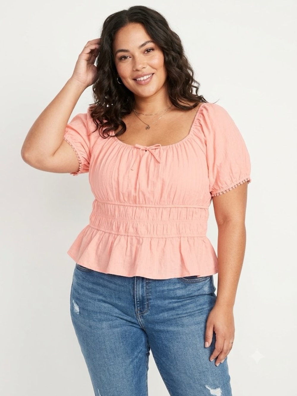 Celebrity Pink Smocked Peplum Top in Peach Smoothie Color